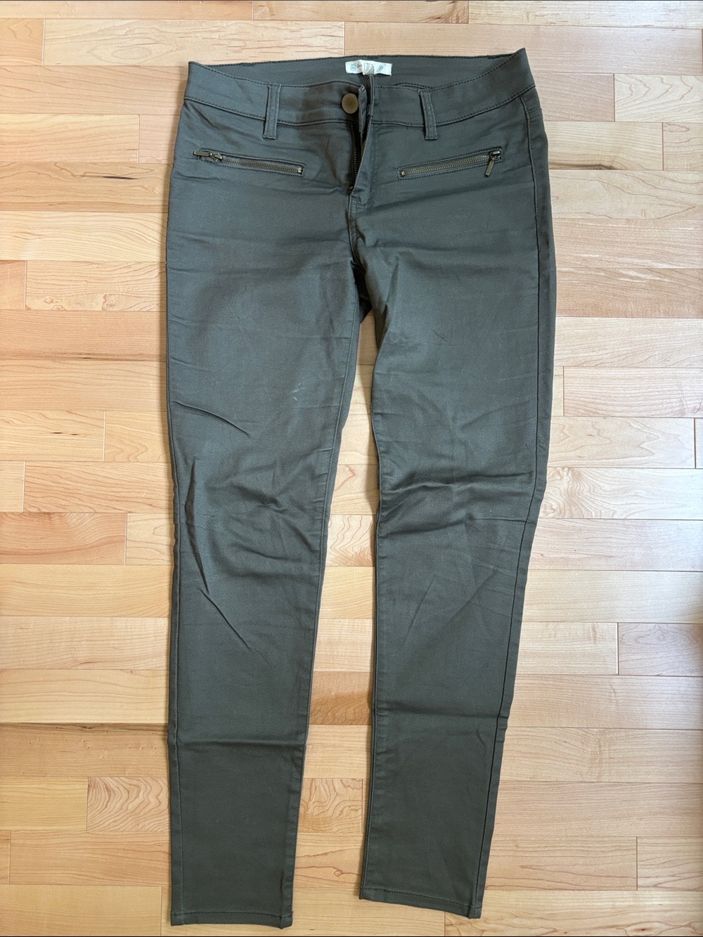 love, Fire Olive Skinny Stretch Jeans with Zip Pockets